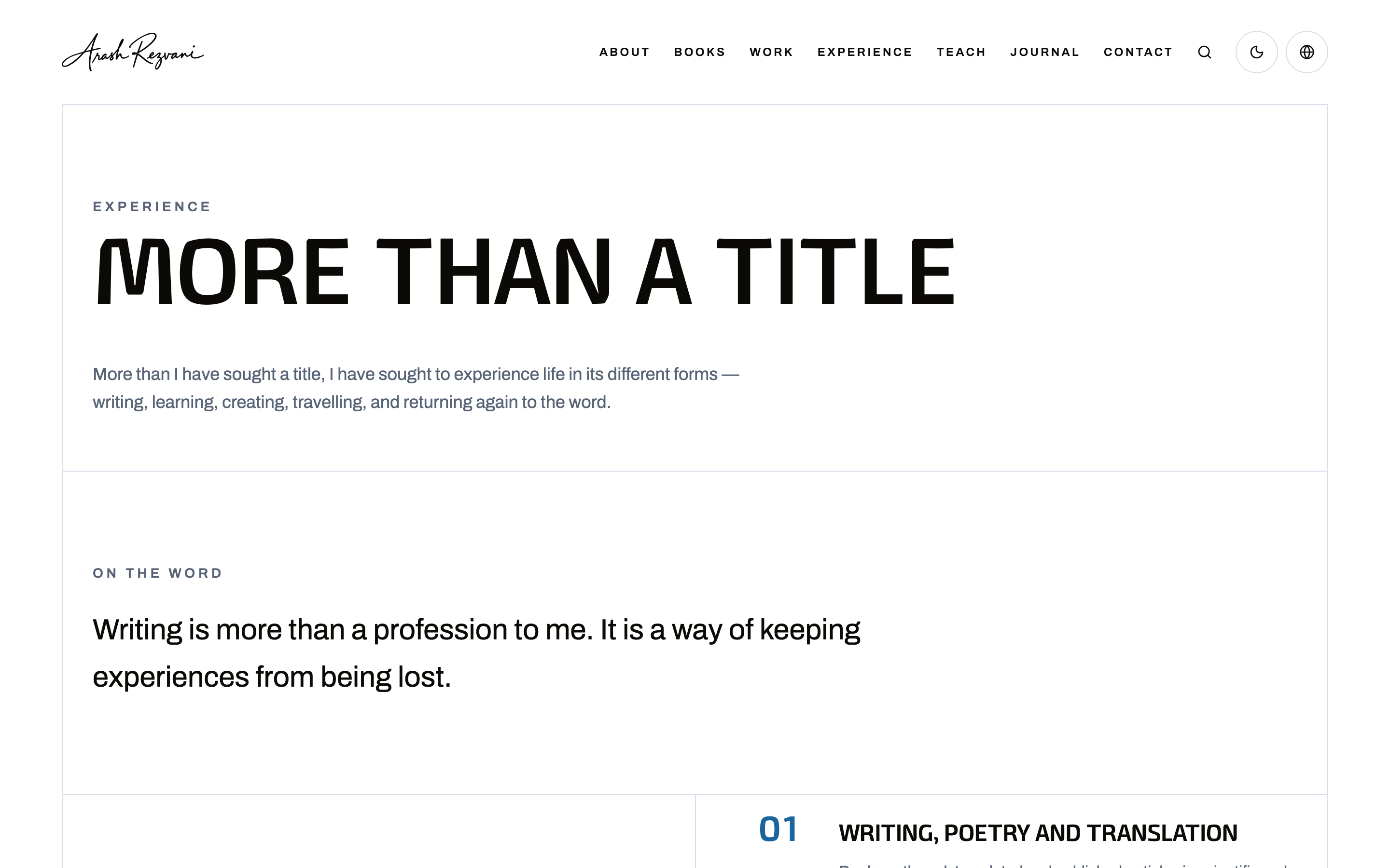Arash Rezvani on desktop — the English experience page, headed “More than a title”, inside two ruled walls