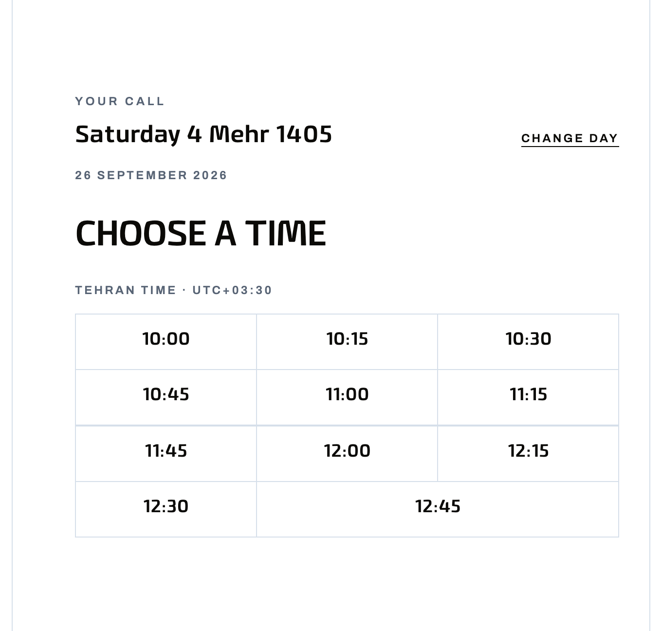 Arash Rezvani on desktop — a chosen day, Saturday 4 Mehr 1405 with its Gregorian date, and its free quarter-hours in Tehran time