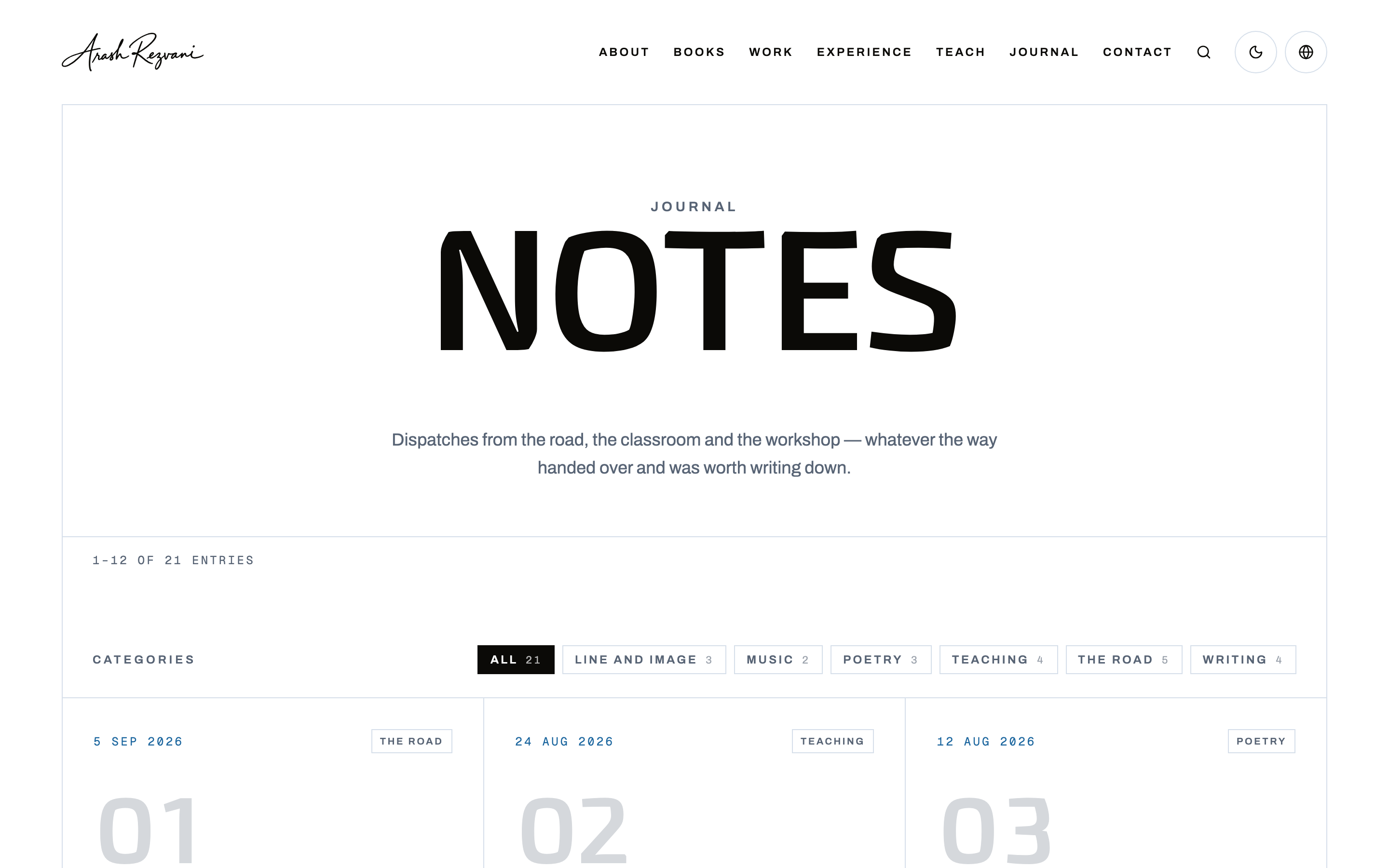 Arash Rezvani on desktop — the English journal, the same entries dated in the Gregorian calendar and filtered by practice