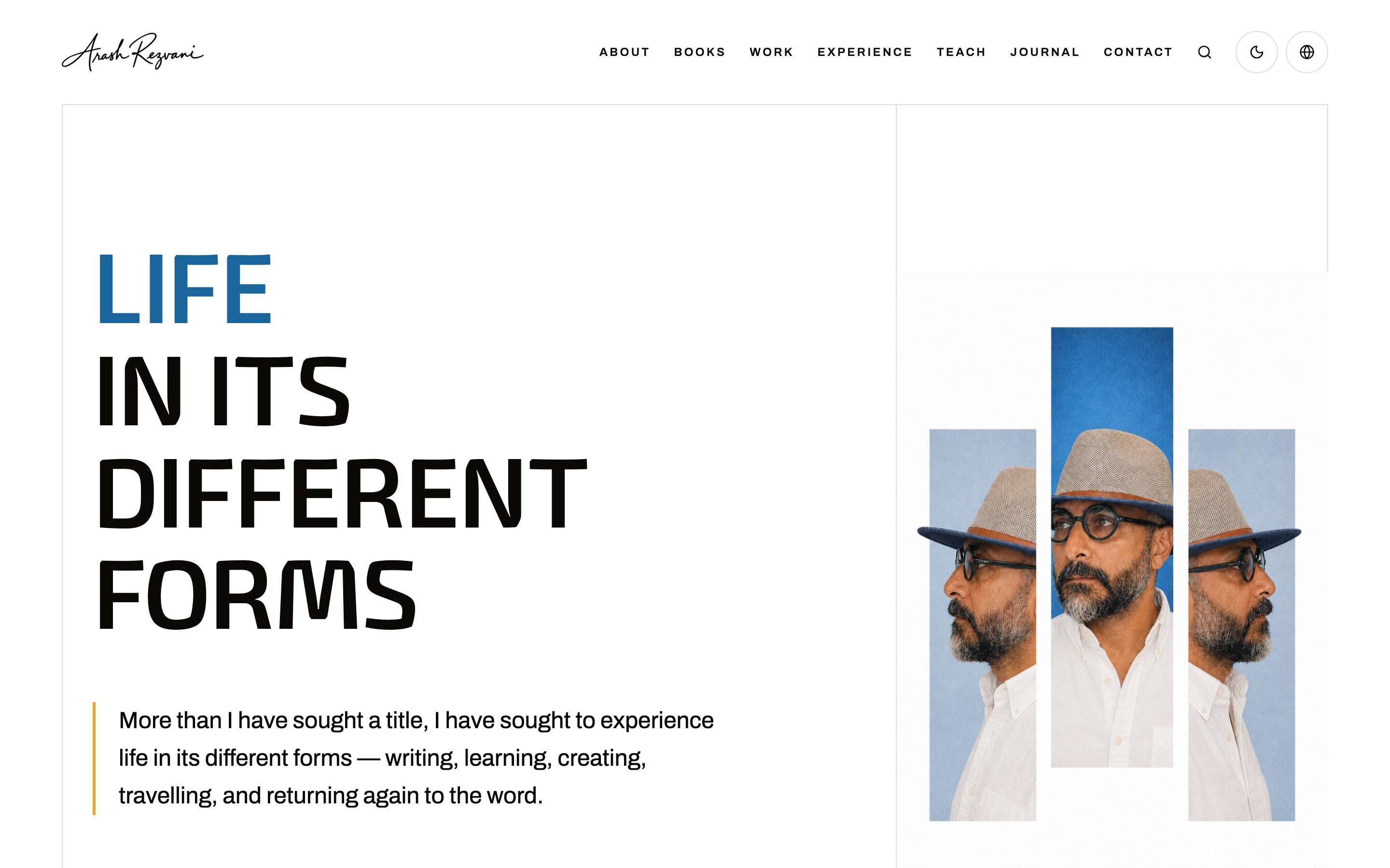 The English home page’s first screen: the headline “Life in its different forms” beside the three-window masthead portrait.