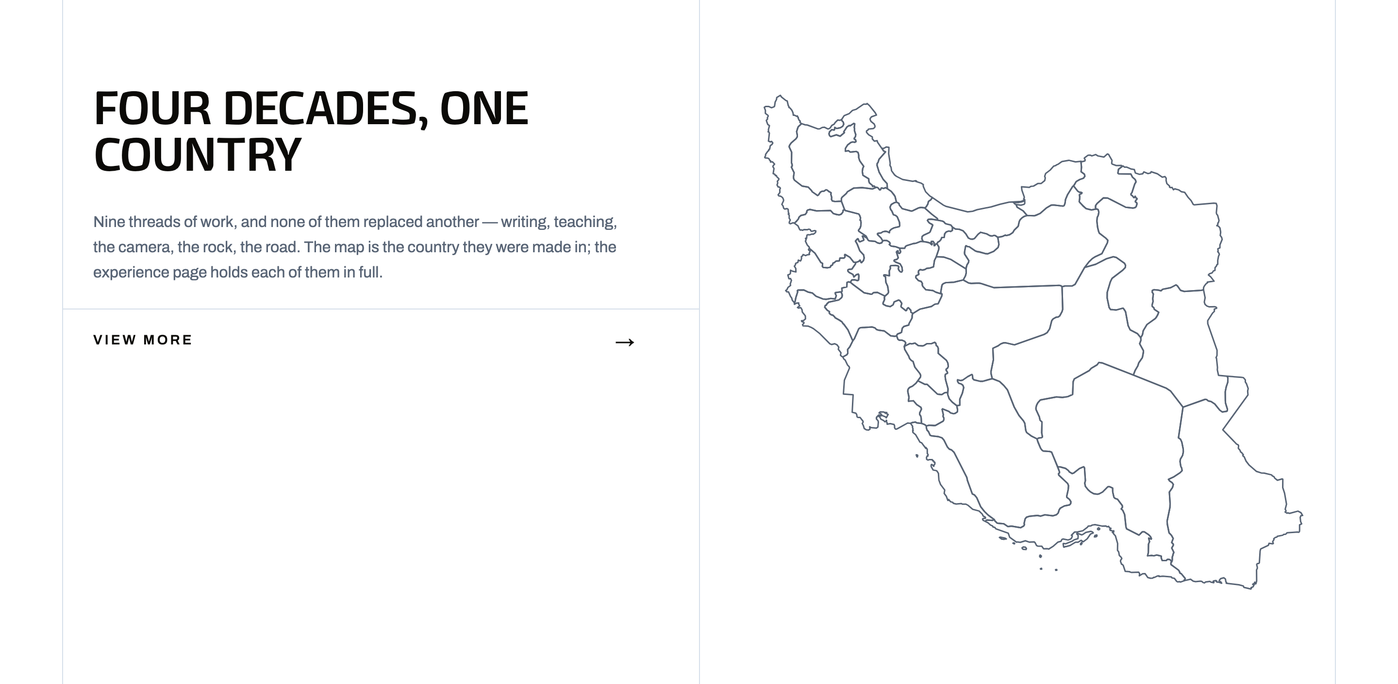 The home page’s “Four decades, one country” section: a short text and a link beside a line map of Iran.