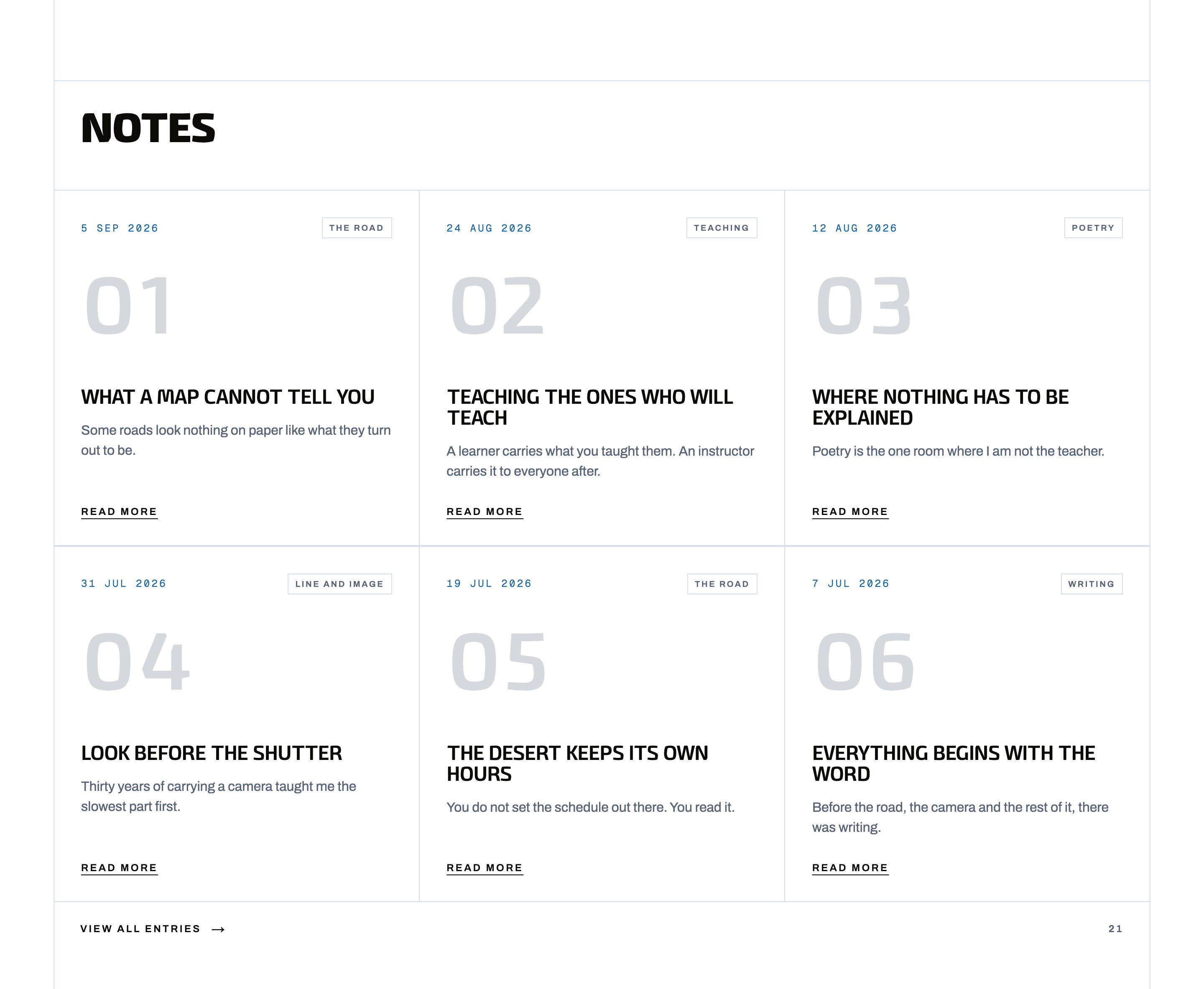 The home page’s notes section: six numbered, type-only cards, each with a date, a topic tag and a title.