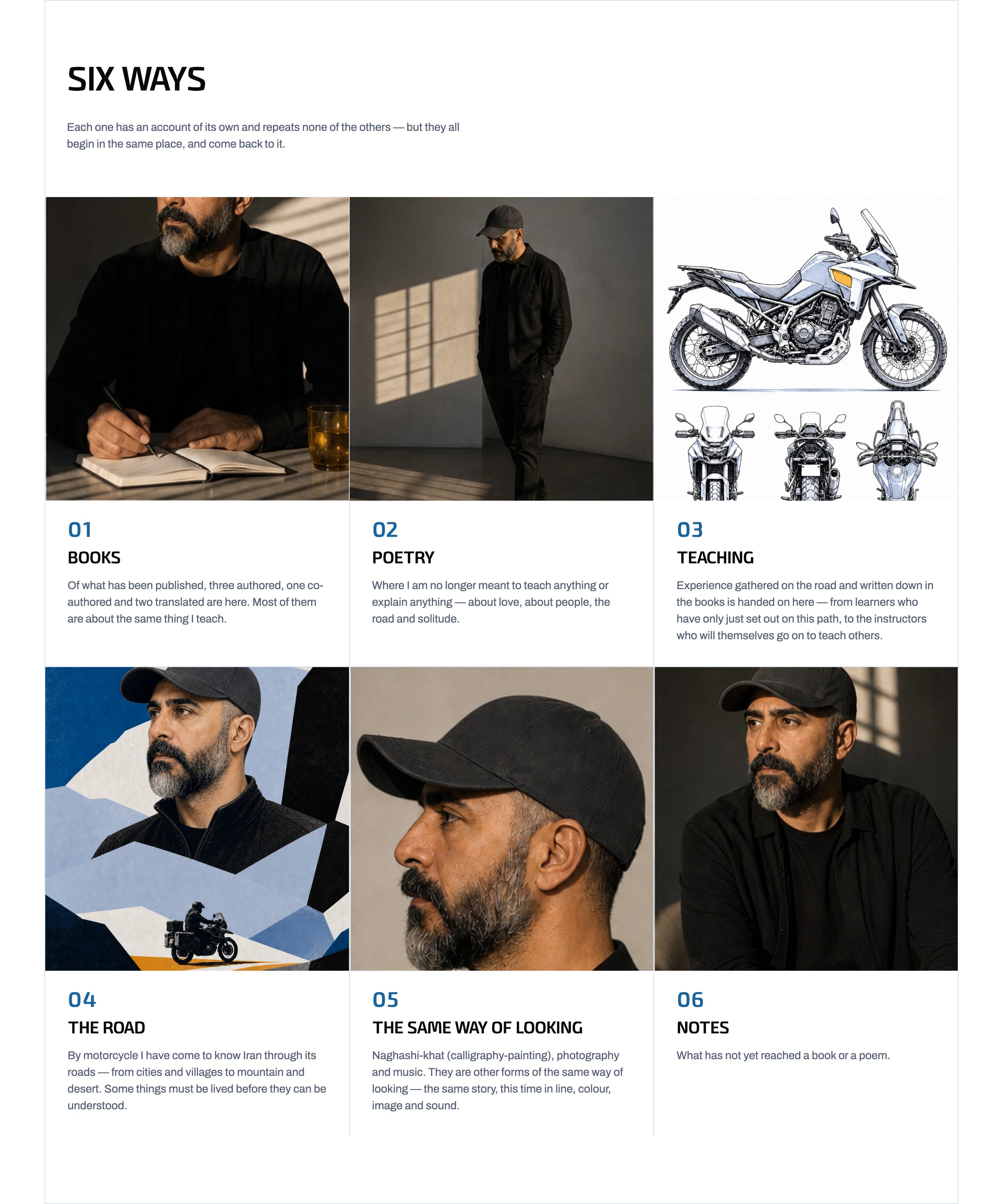 The home page’s “Six ways” section: six numbered practices, each under one of the generated section images.
