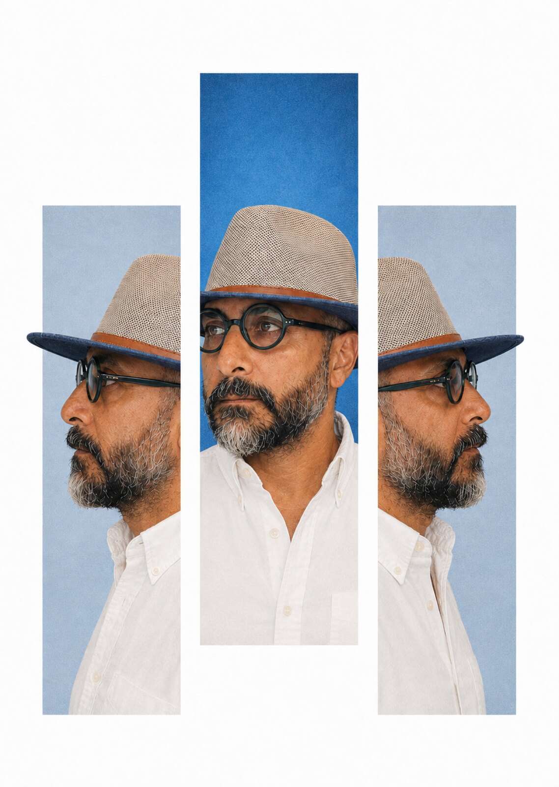 Three-window graphic portrait of Arash in left profile, frontal three-quarter view and right profile, wearing round glasses and a two-tone woven hat.
