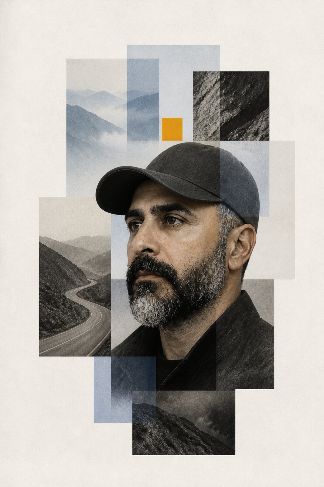 Rectilinear portrait collage of Arash Rezvani in a dark cap, layered with abstract mountain and road photographs on a textured paper ground.