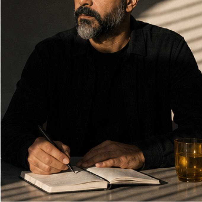 Hands writing with a pen in an open notebook on a desk in raking window light, a glass beside it.