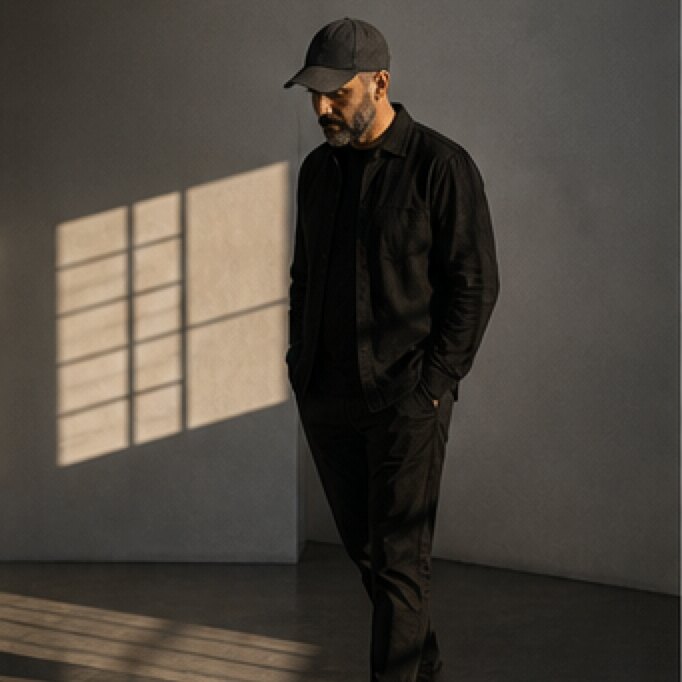 Full-length figure in dark clothing walking through a bare room across a grid of window light.
