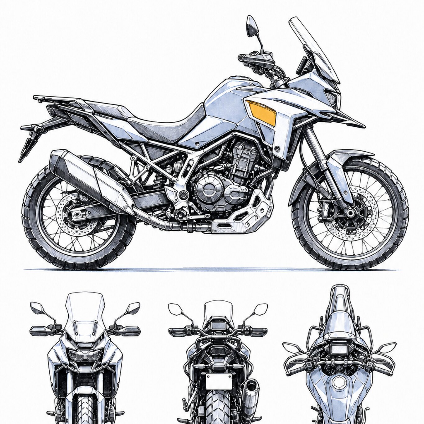 Unbranded multi-view ink illustration of an adventure-touring motorcycle on a white ground.