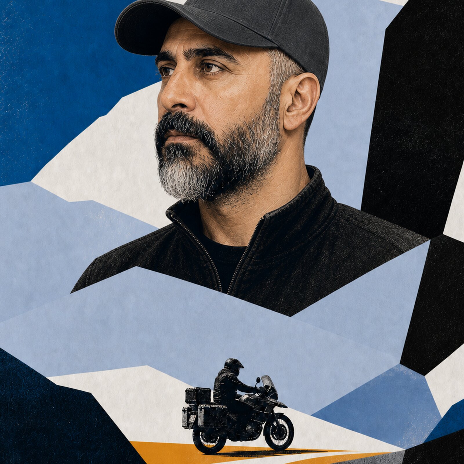 Screen-print collage of Arash in a dark cap above an anonymous rider crossing an abstract mountain road.