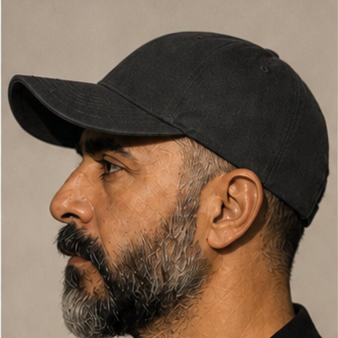 Profile portrait of Arash Rezvani in a plain dark cap against an even grey ground.