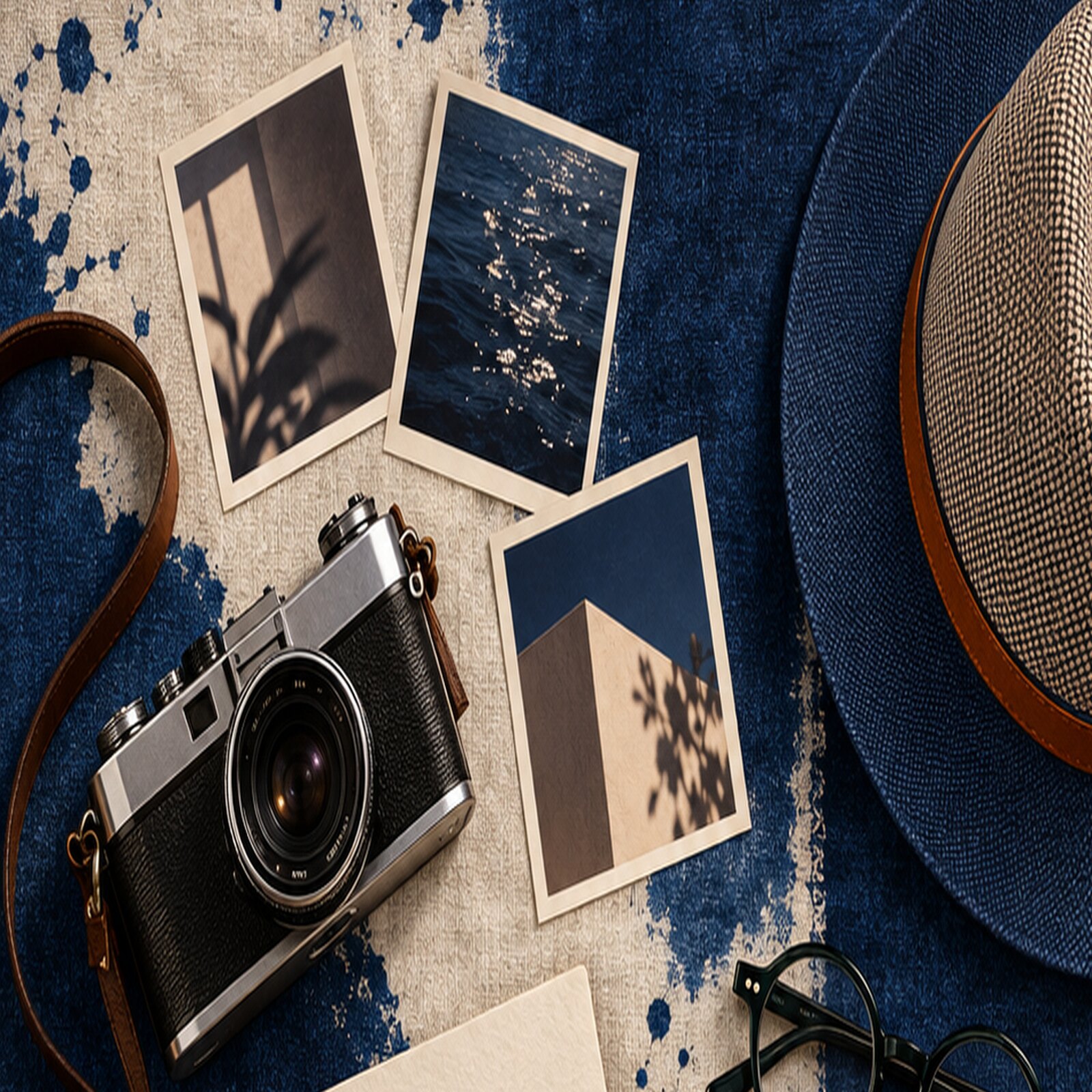 Overhead still life: a film camera, small prints, the brim of a woven hat and a blank notebook on a dark blue cloth.