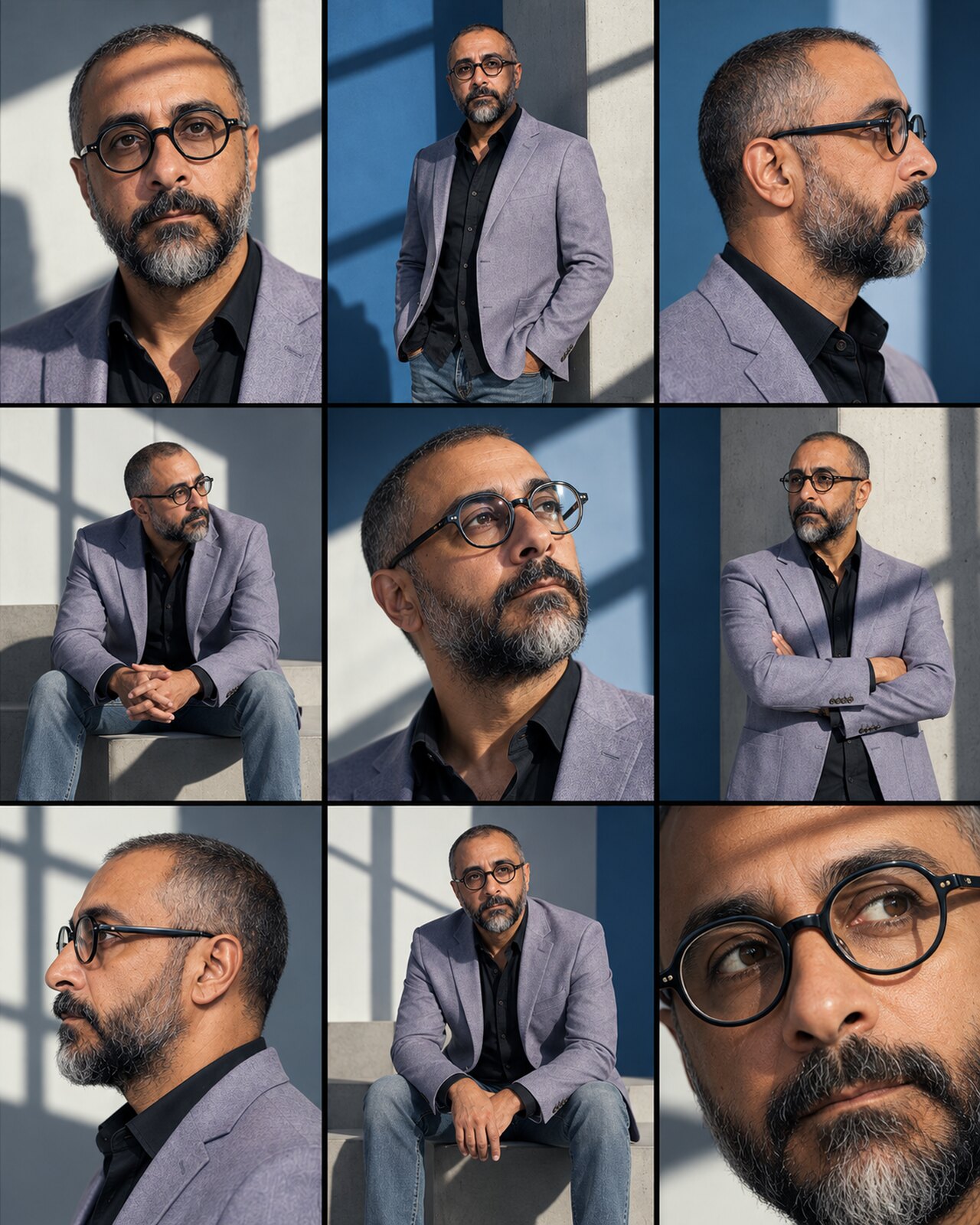 Nine-panel editorial portrait mosaic of Arash Rezvani in clear round glasses, a muted lavender-gray blazer, and a black shirt under hard window light.