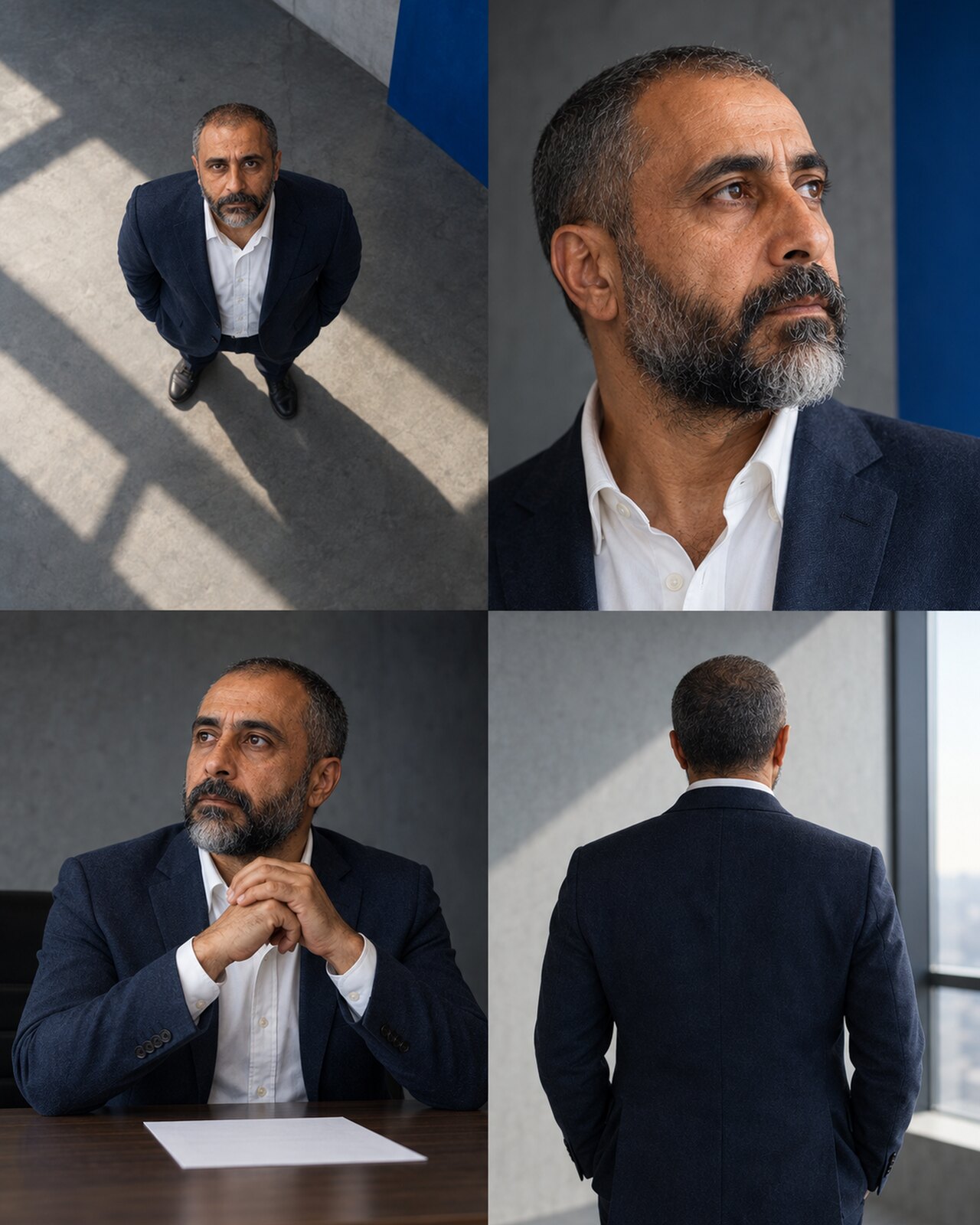 Four-part editorial study of Arash Rezvani in a navy blazer and white shirt, shown from overhead, close, seated, and rear views.