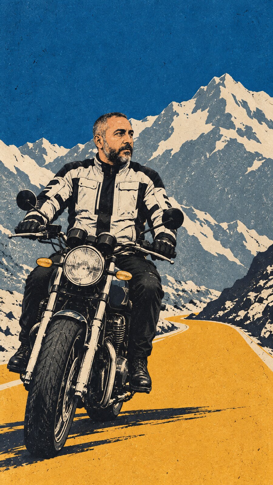 Illustrated portrait of Arash riding an unbranded motorcycle on an abstract mountain road, wearing a light gray and black touring jacket.