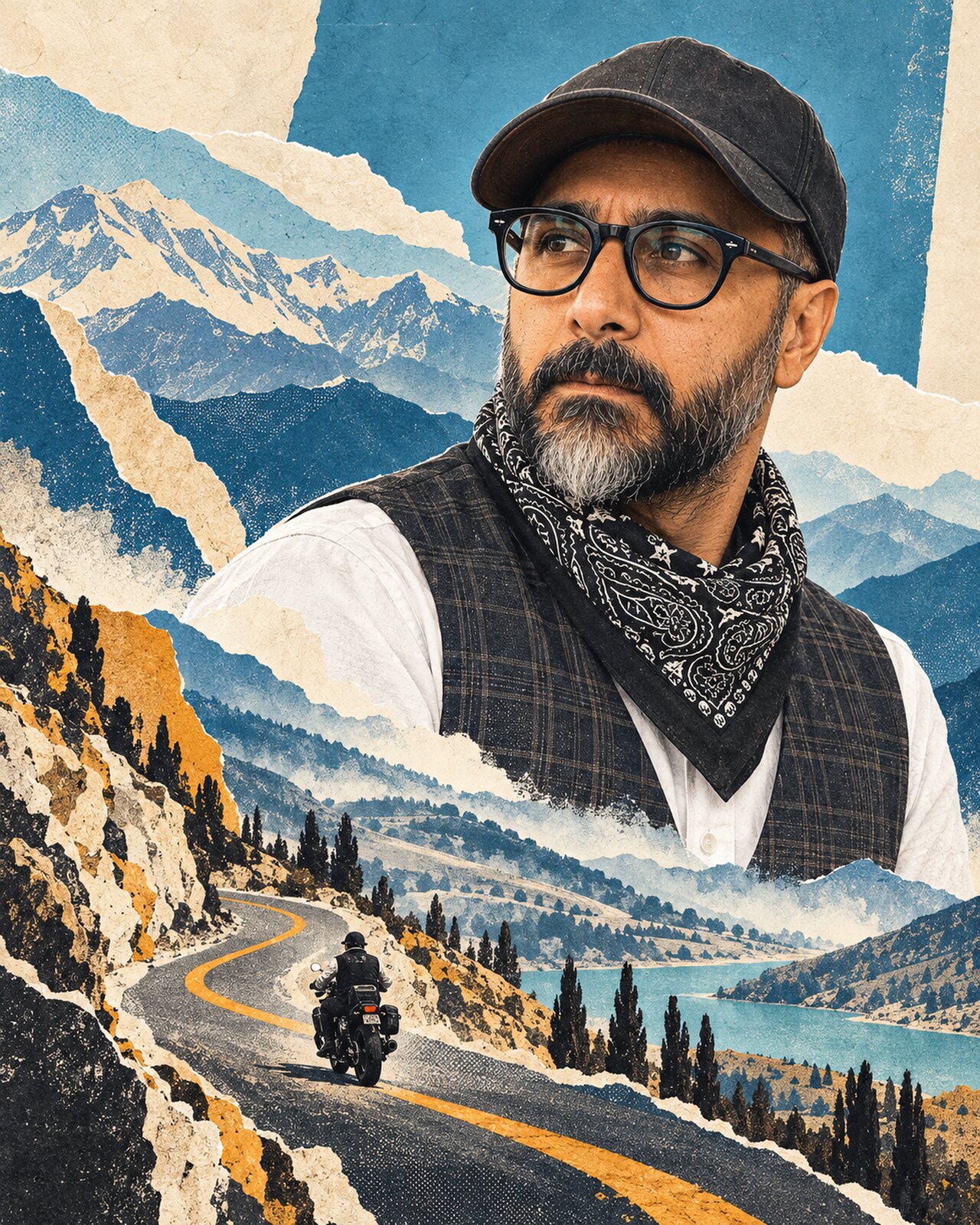 Paper-collage portrait of Arash in a cap, glasses, checked vest, and bandana, with an abstract mountain road and a distant unbranded motorcycle.