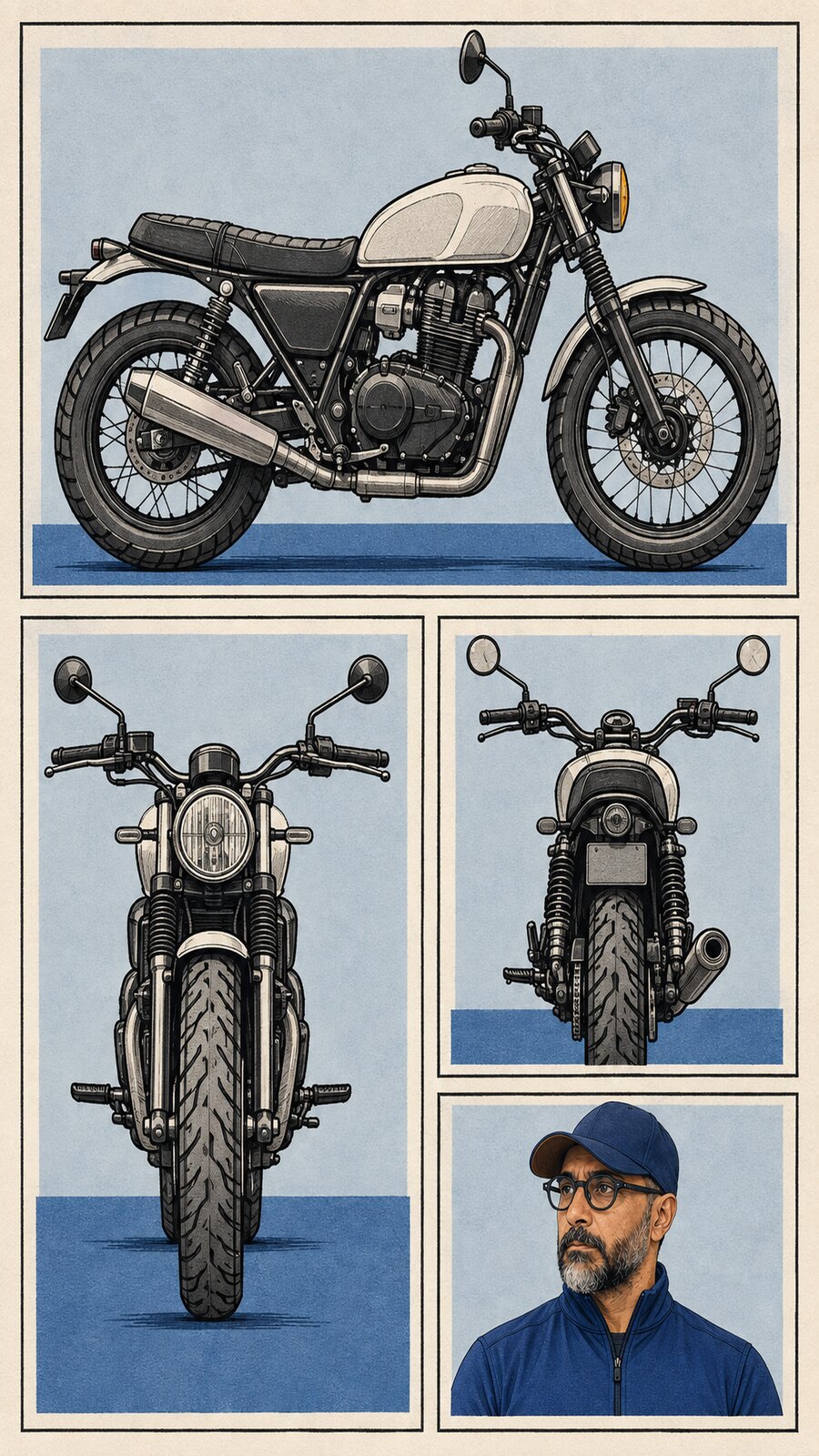 Editorial illustration of a generic unbranded motorcycle in several views, with a small portrait of Arash in a navy cap and cobalt training top.