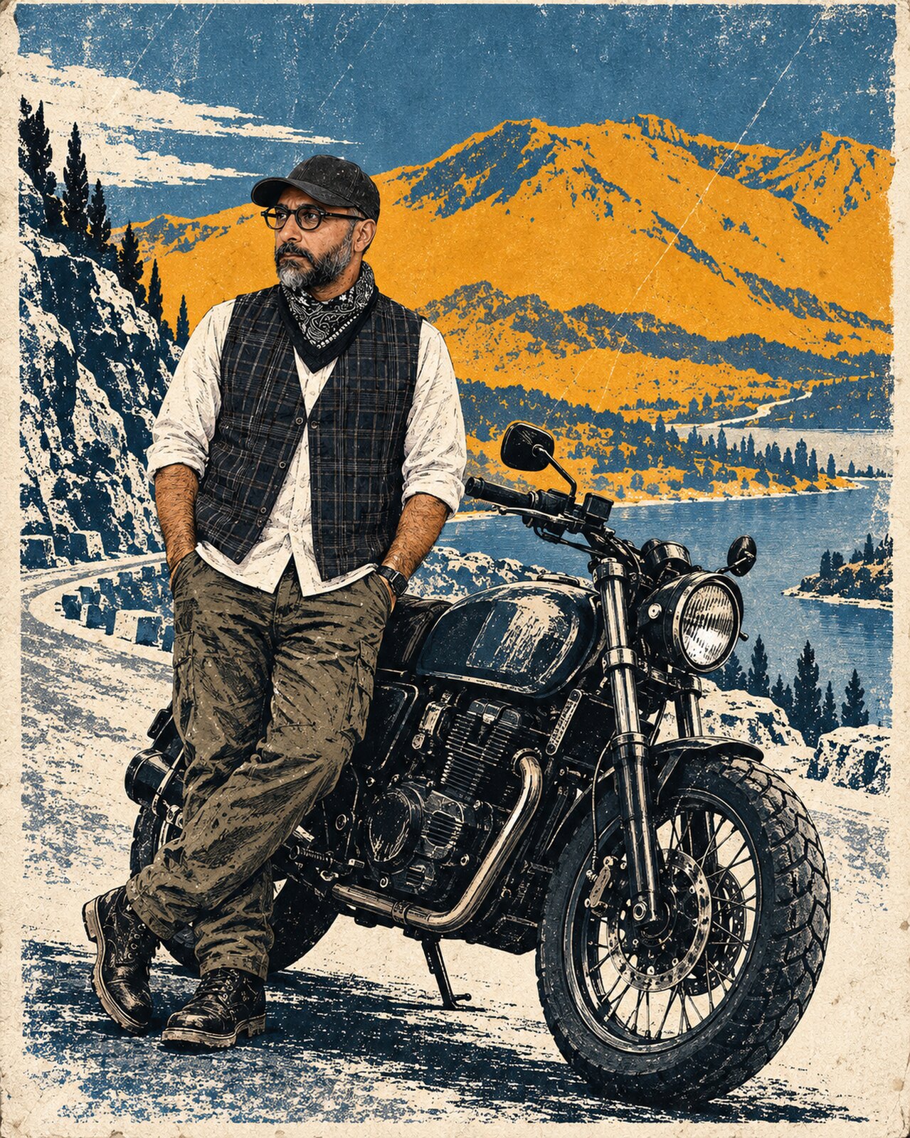 Text-free screen-print poster of Arash beside an unbranded motorcycle in an abstract mountain-road landscape, wearing a cap, glasses, vest, and bandana.