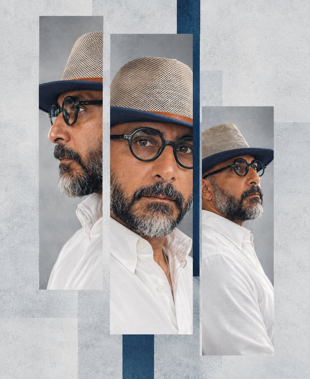 Three-window editorial portrait of Arash in round dark glasses, a woven two-tone hat, and a white open-collar shirt.