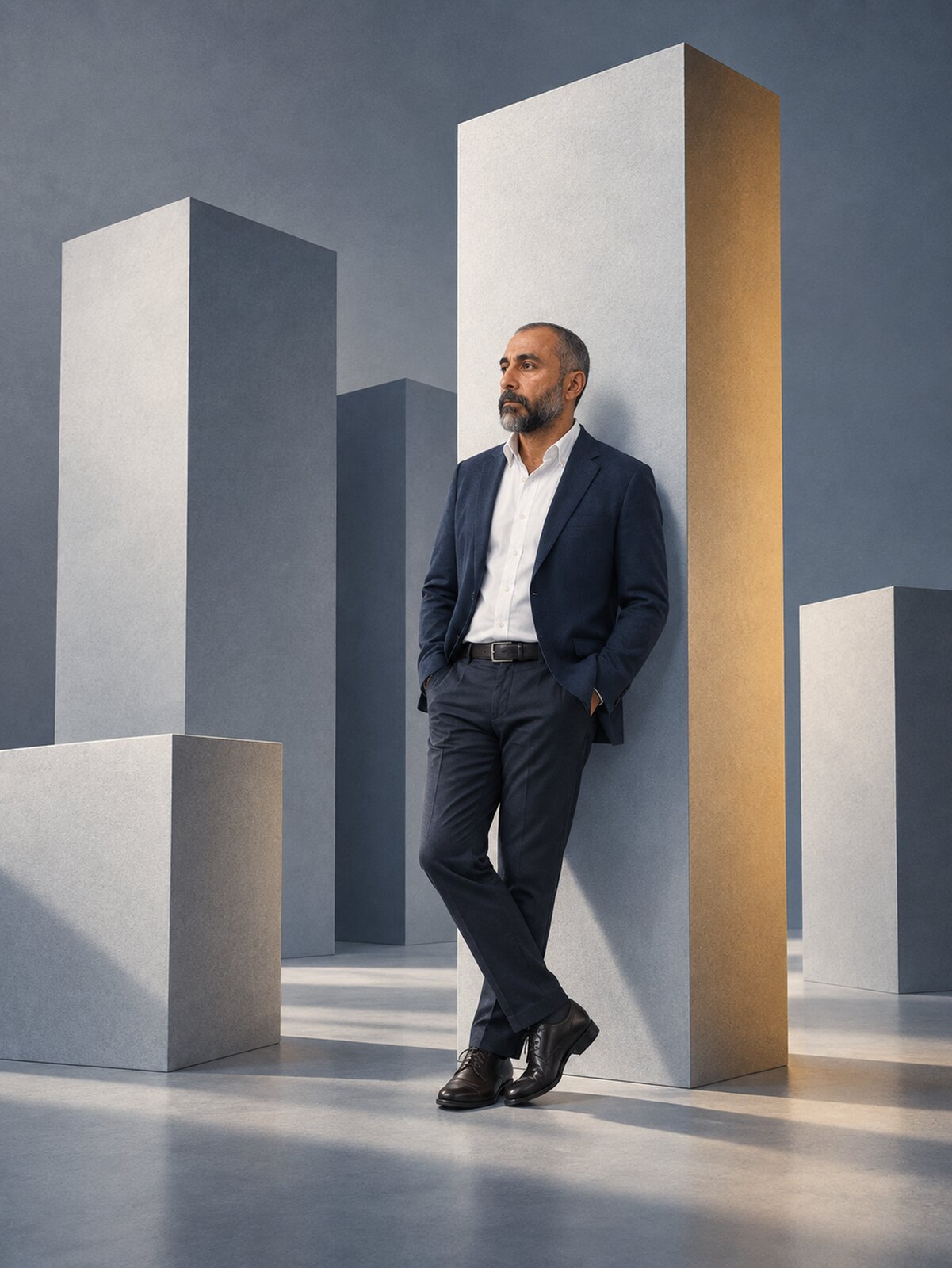 Full-length editorial portrait of Arash in a navy blazer among large abstract paper-and-wood forms in a cool studio.