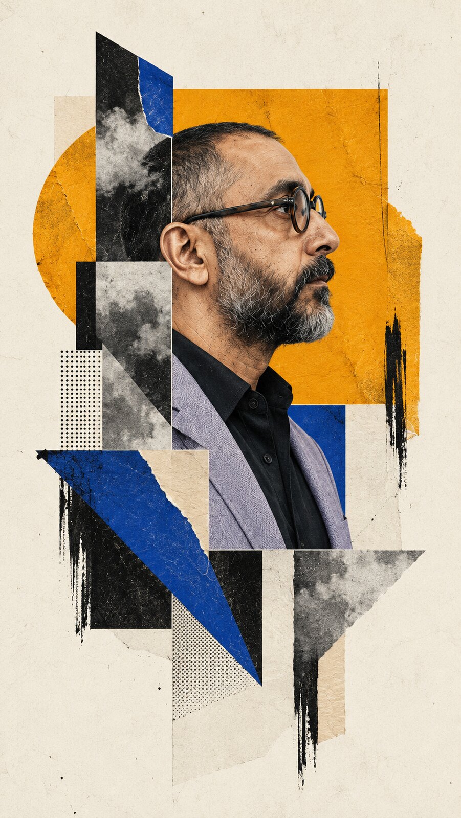 Geometric paper-collage profile of Arash in clear glasses, a lavender-gray blazer, and a black shirt, with cobalt and amber shapes.