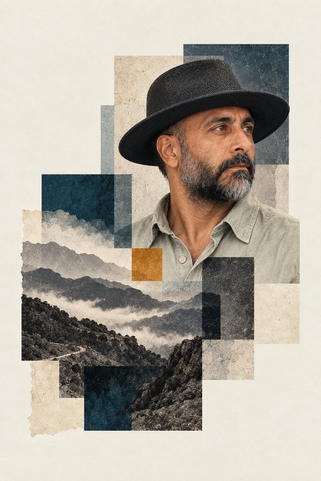 Collaged three-quarter portrait of Arash in a dark woven hat and pale sage shirt, joined with abstract mountain and road panels.