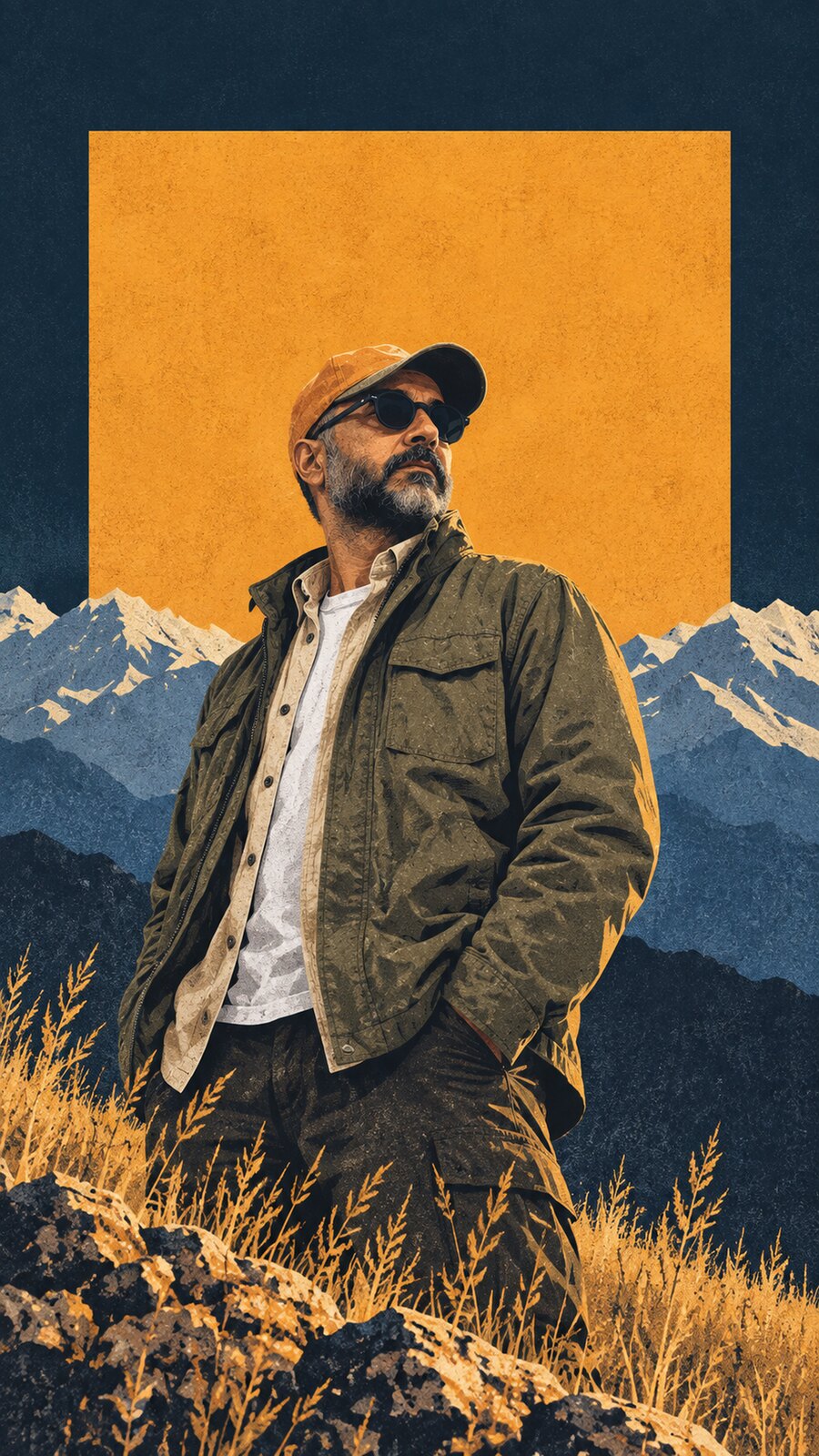 Illustrated low-angle portrait of Arash in an ochre cap, dark sunglasses, and an olive field jacket against an abstract highland landscape.