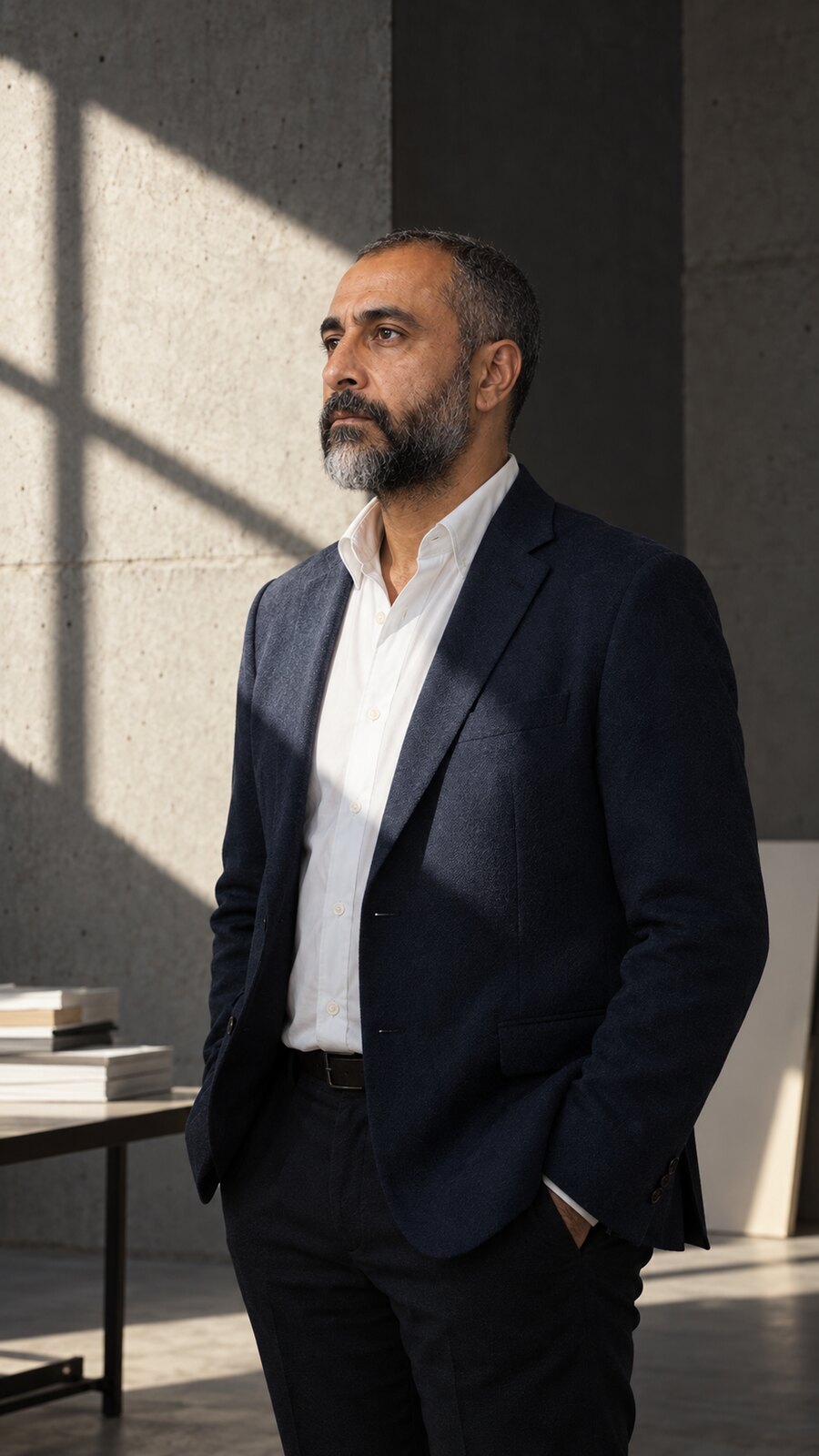 Hard-light editorial portrait of Arash in a navy blazer and white shirt beside a bright rectangular window shadow.