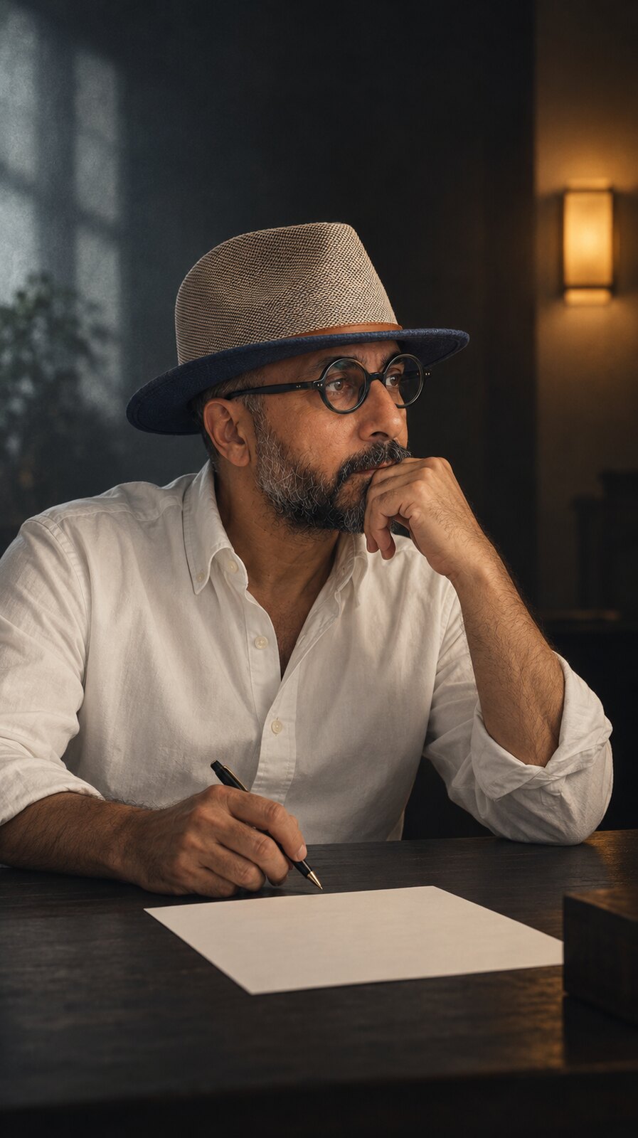 Arash in glasses and a woven hat seated at a dark desk, with a completely blank sheet of paper and a small amber wall light.