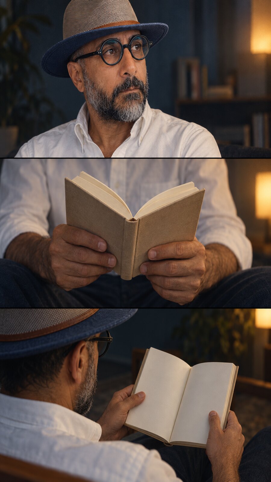 Three-panel reading study of Arash in glasses and a woven hat, holding one open book with blank pages.