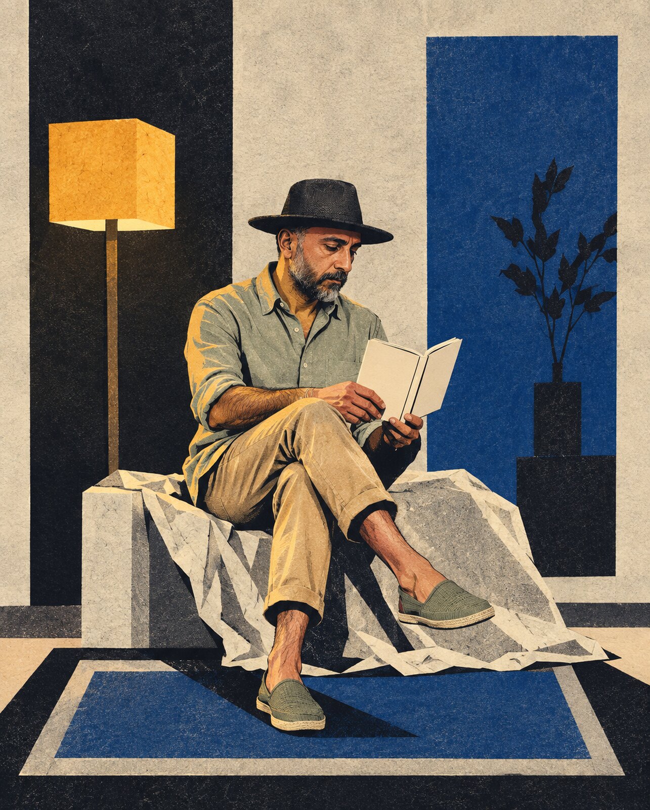 Illustrated reading tableau of Arash in a dark woven hat and pale sage shirt, with a blank book and square amber lamp.