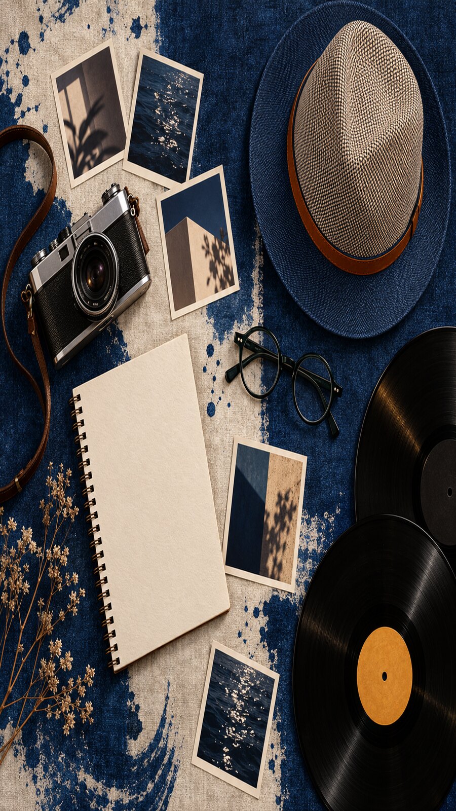 Overhead still life of a camera, blank notebook, dark glasses, woven hat, unmarked records, and abstract photographic prints on a blue textile field.