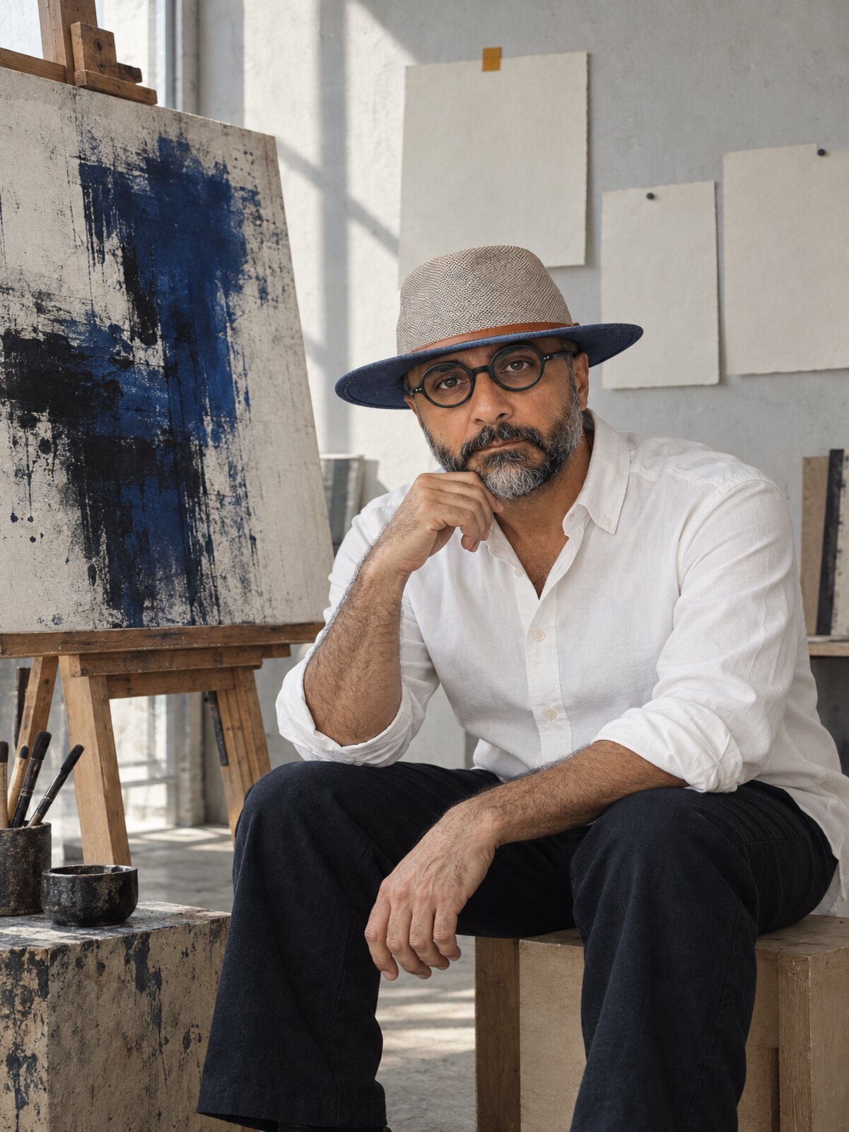 Arash in glasses and a woven hat seated in a cool studio beside an easel with an abstract blue-and-ink panel and blank pinned sheets.