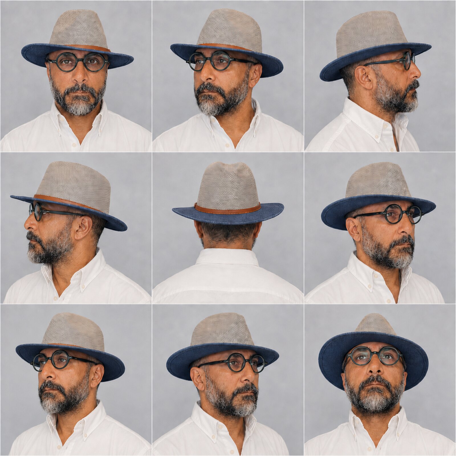 Nine-panel studio turnaround of Arash wearing round glasses, a white shirt, and a two-tone woven hat, shown from frontal, profile, rear, three-quarter, and upward-facing angles.