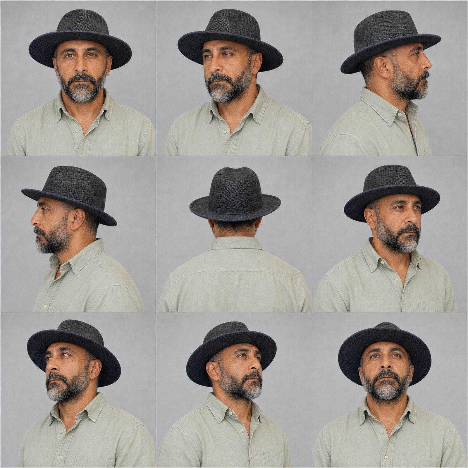 Nine-panel studio turnaround of Arash in a dark woven hat and pale sage shirt, shown from frontal, profile, rear, three-quarter, and upward-facing angles.