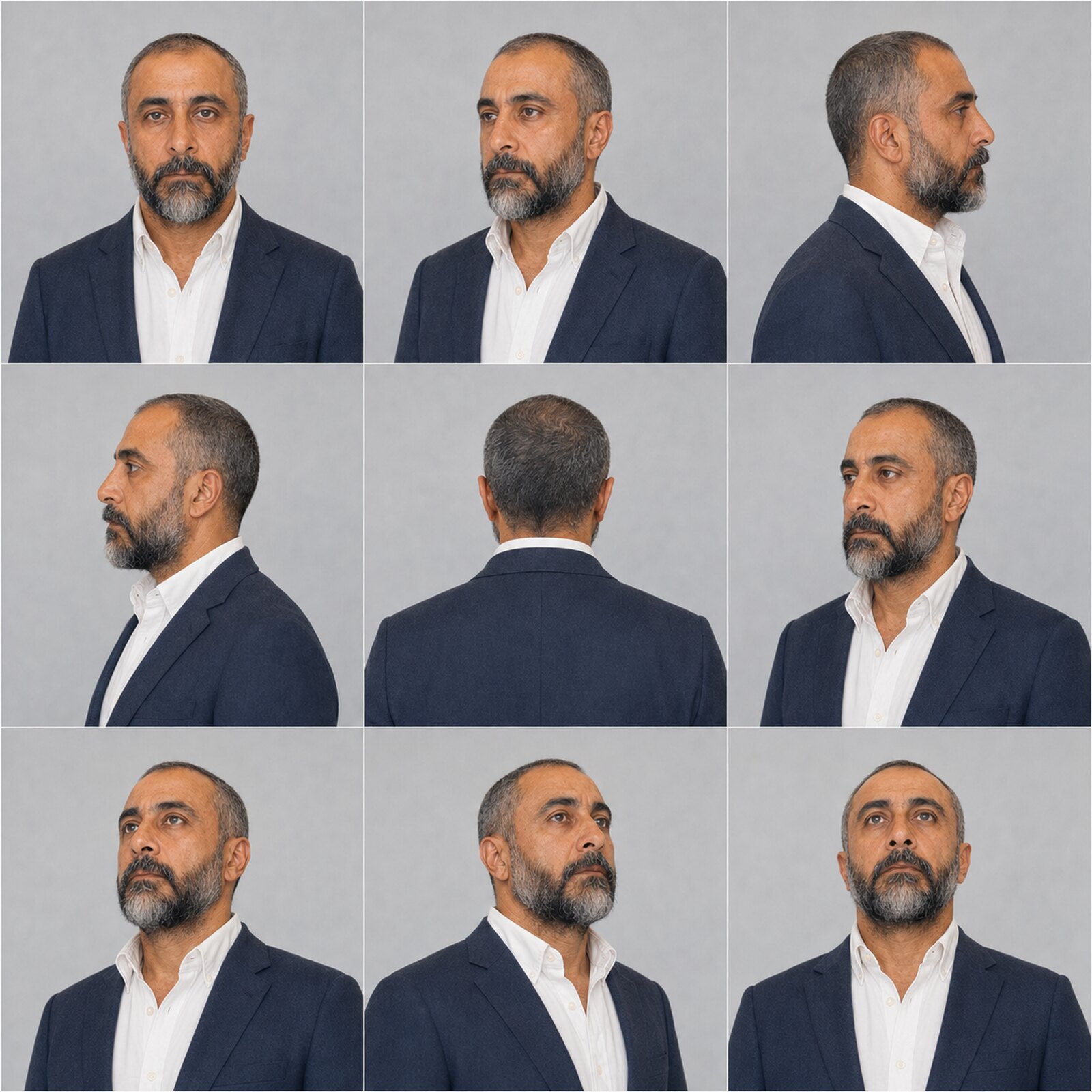 Nine-panel studio turnaround of bare-headed Arash in a dark navy blazer and white shirt, shown from frontal, profile, rear, three-quarter, and upward-facing angles.