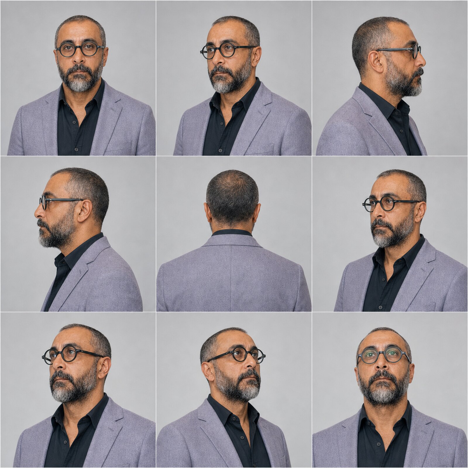 Nine-panel studio turnaround of Arash wearing round glasses, a muted lavender-gray blazer, and a black shirt, shown from frontal, profile, rear, three-quarter, and upward-facing angles.