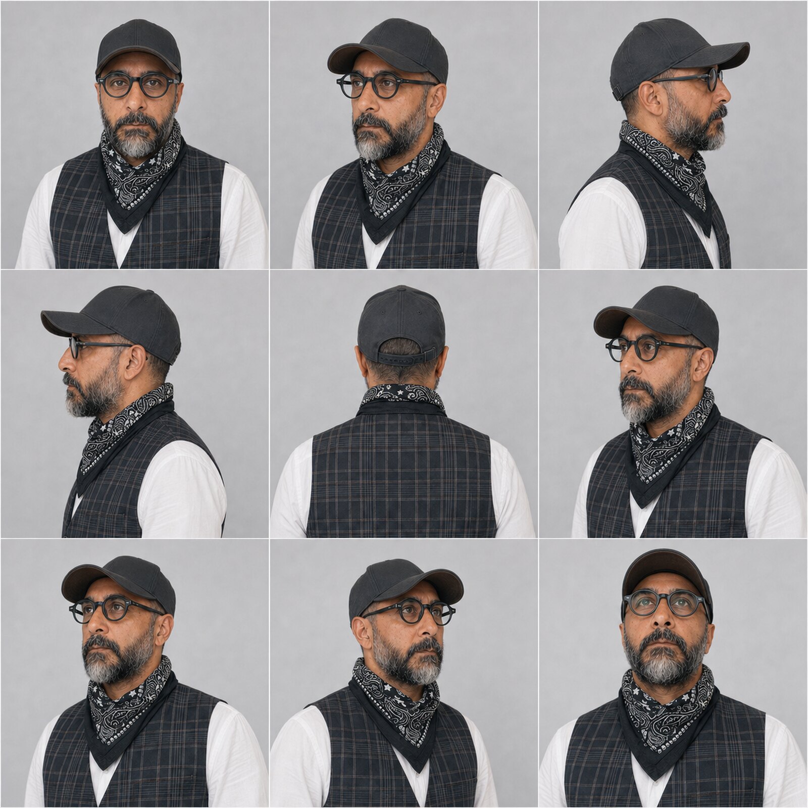 Nine-panel studio turnaround of Arash in a plain dark cap, round glasses, white shirt, checked vest, and monochrome bandana, shown from frontal, profile, rear, three-quarter, and upward-facing angles.