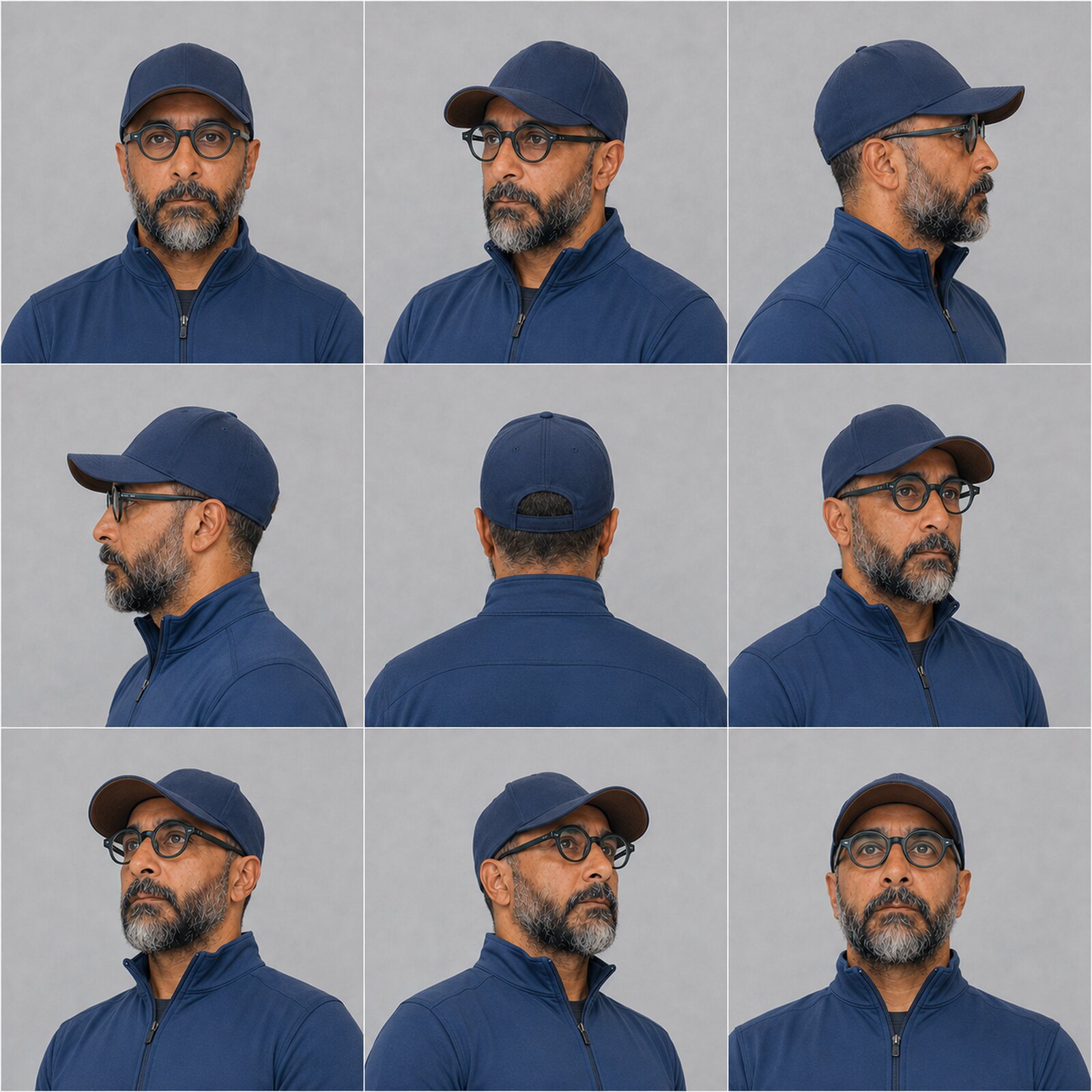 Nine-panel studio turnaround of Arash wearing a plain navy cap, round glasses, and a cobalt quarter-zip training top, shown from frontal, profile, rear, three-quarter, and upward-facing angles.