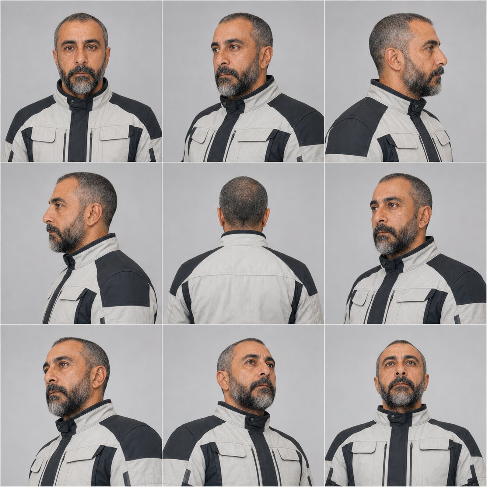 Nine-panel studio turnaround of bare-headed Arash in an unbranded light-gray and black motorcycle touring jacket, shown from frontal, profile, rear, three-quarter, and upward-facing angles.