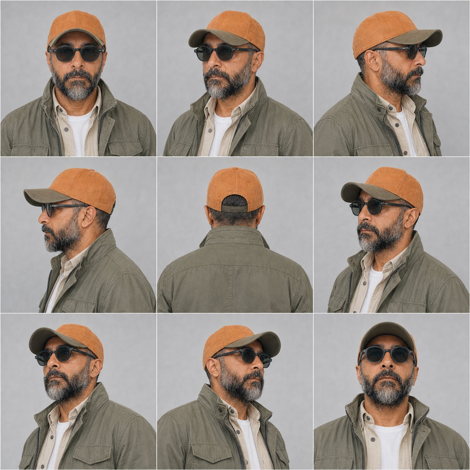 Nine-panel studio turnaround of Arash in an ochre cap, dark round sunglasses, and a layered olive field jacket, shown from frontal, profile, rear, three-quarter, and upward-facing angles.