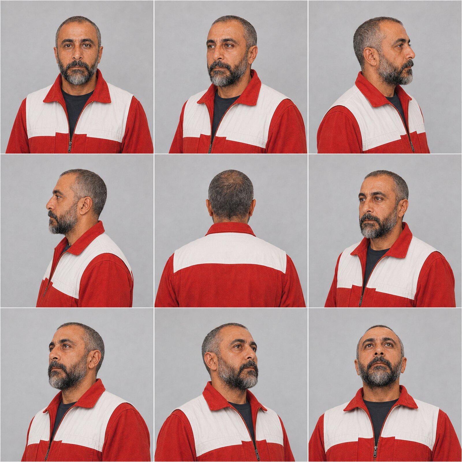 Nine-panel studio turnaround of bare-headed Arash in an unbranded red-and-white utility vest over a dark shirt, shown from frontal, profile, rear, three-quarter, and upward-facing angles.