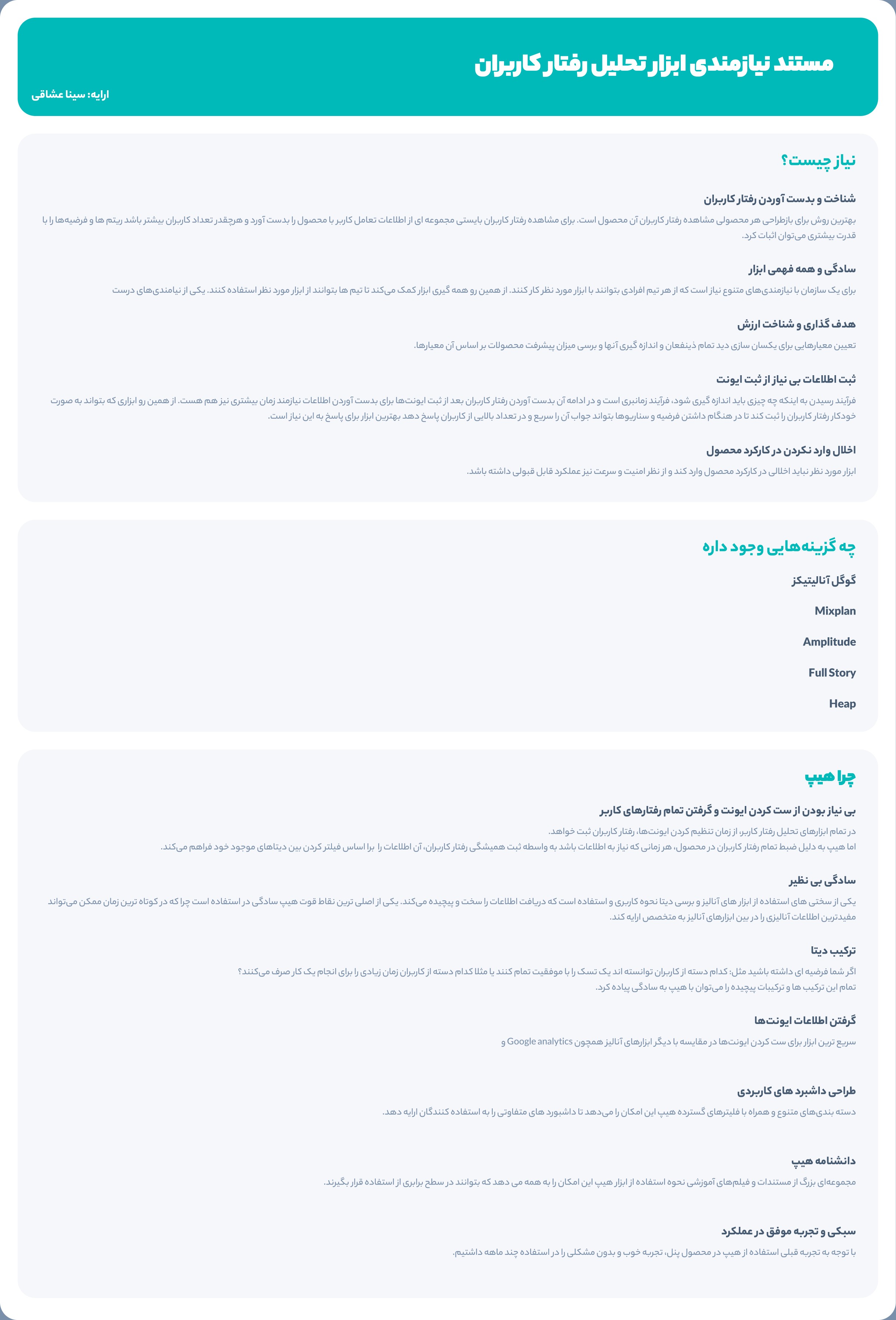 A board in Persian titled “Requirements for a user-behaviour analytics tool”, presented by Sina Oshaghi: what the team needs, the five tools considered, and the reasons for choosing Heap