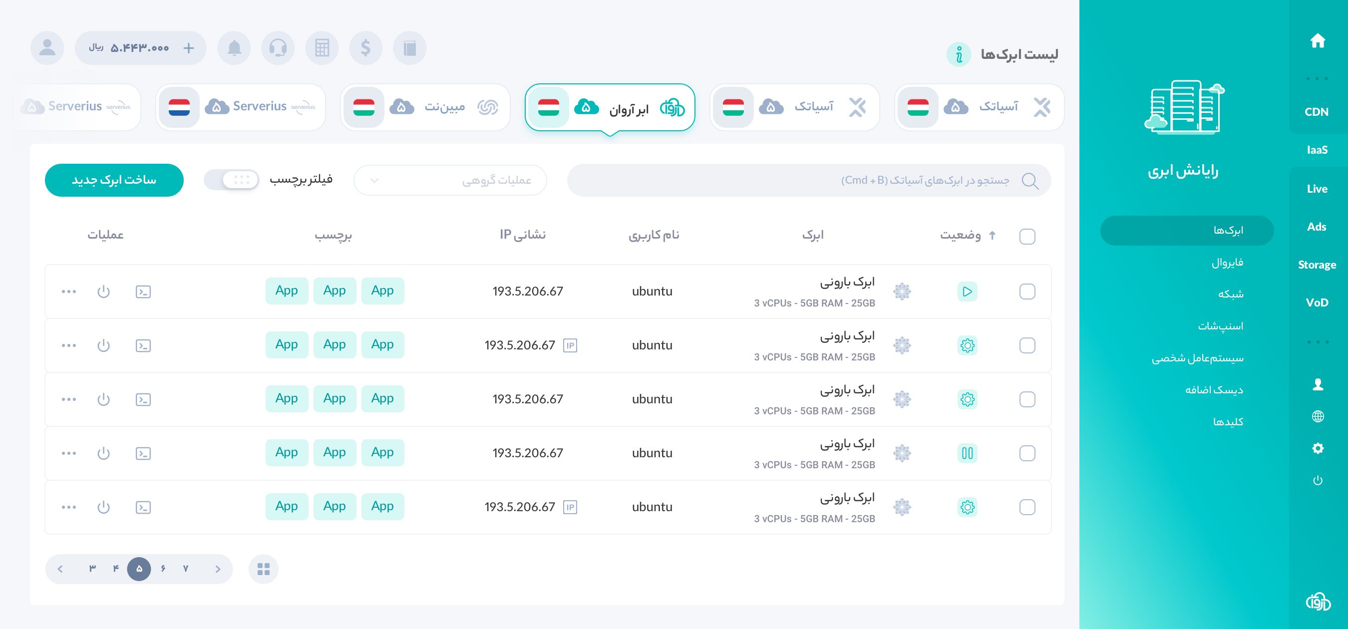 An earlier version of the Arvan Cloud console’s server list, in Persian: a tab for each data centre across the top with the open one raised, a search box, bulk actions, a tag filter and a New server button, then rows of servers with a status icon, name and size, user, IP address, tags and actions; a row of round icons, the balance and a bell sit in the top bar