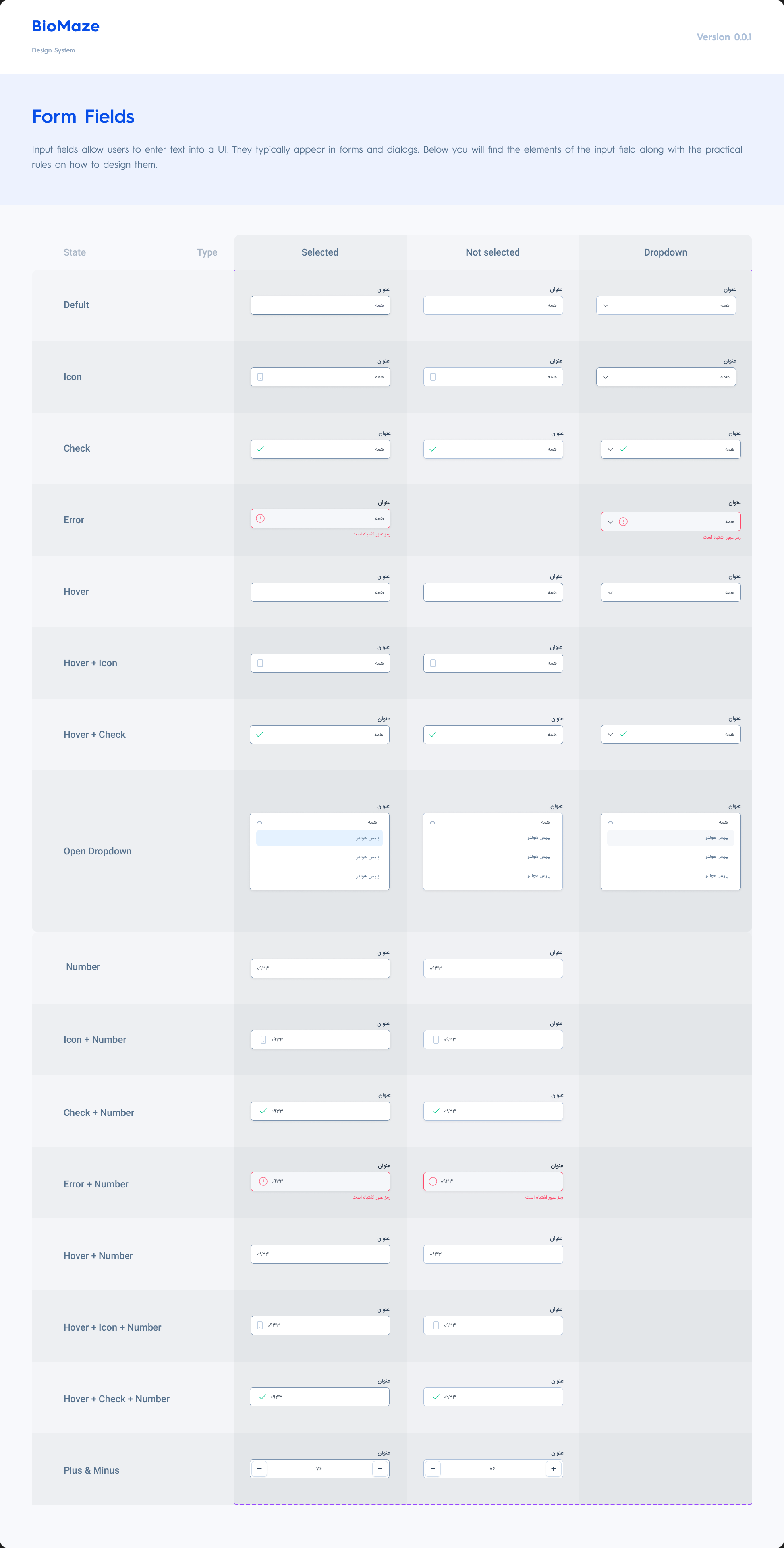 Biomaze design system — form field states for RTL inputs