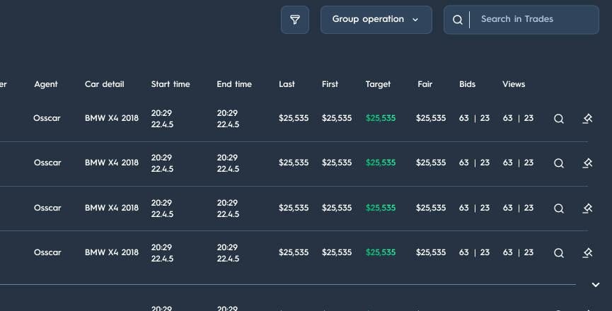 Carsparency Back Office — the auctions table with last, first, target and fair prices, bids and views for each car