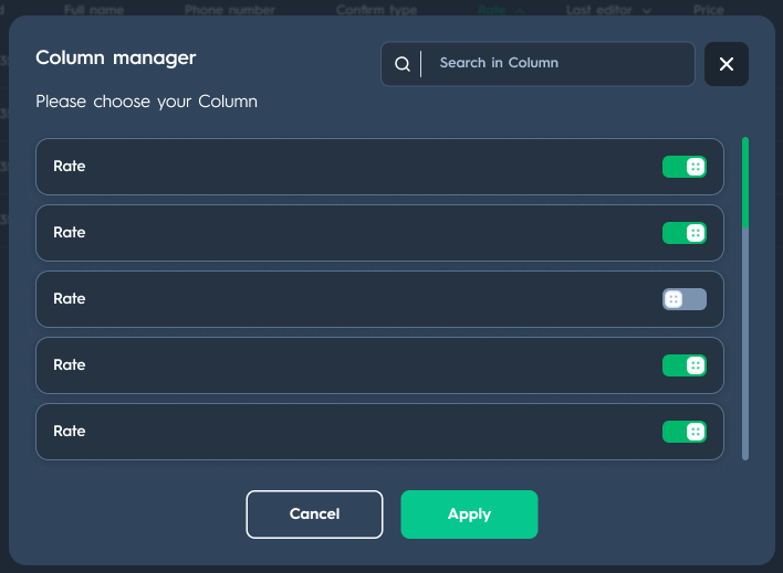Carsparency Back Office — the column manager dialog with a toggle for each table column