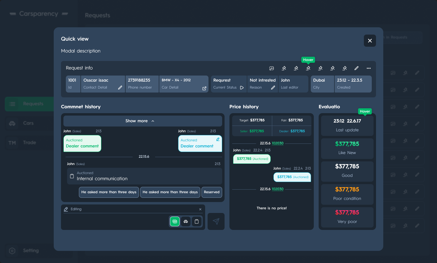 Carsparency Back Office — the request quick view open over the requests list