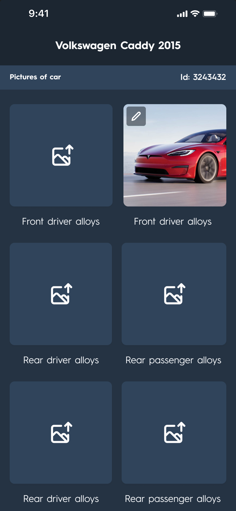 Carsparency Inspection — the car pictures page, a grid of photo slots each named for a wheel or corner of the car