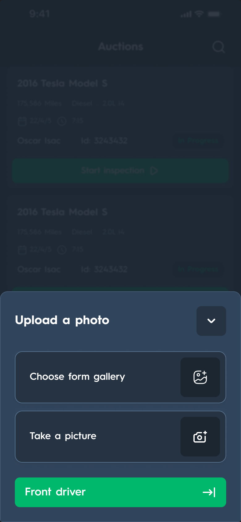 Carsparency Inspection — the upload sheet offering gallery or camera, then moving on to the next named angle
