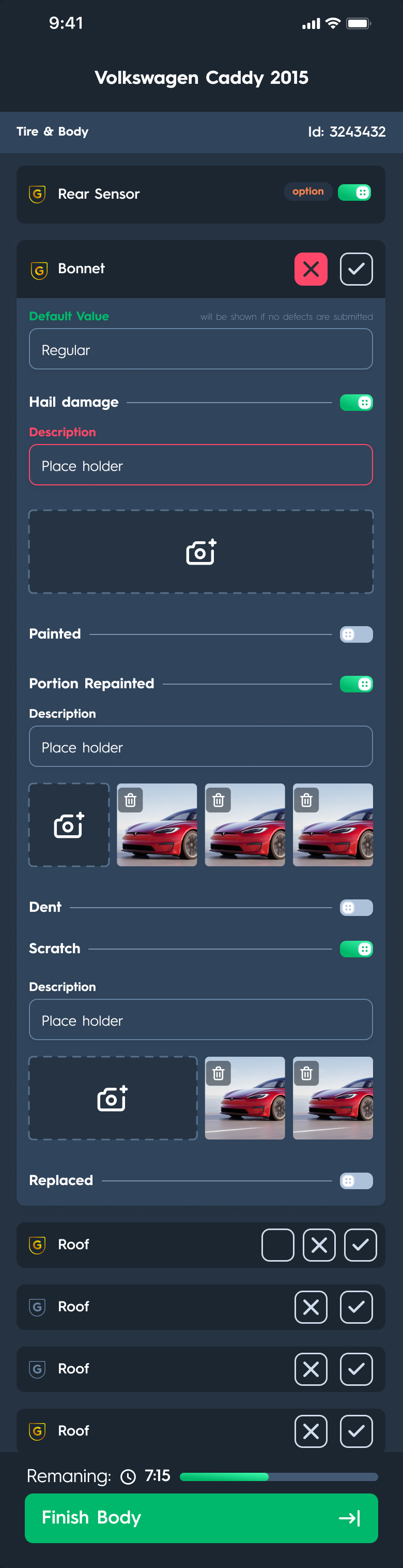 Carsparency Inspection — the tyre and body checklist with pass or fail per part and defect toggles with descriptions and photos